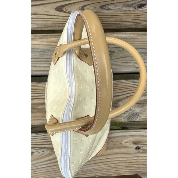 ARCADIA Italy Patent Leather handbang Cream W Gold tone Zip Logo Tan Handles & B - Picture 10 of 11